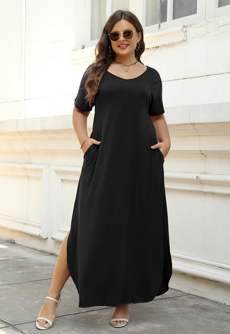 Nemidor Plus Size Maxi Dresses for Curvy Women Casual Summer Slit Loose Short Sleeve Long Dress with Pocket 14-26 (188,18,Black) - Image 2